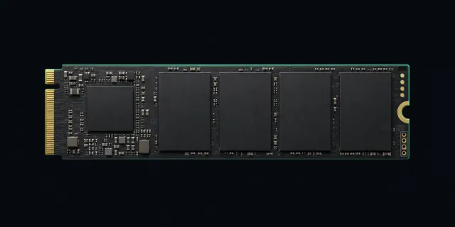Illustration of a bare M.2 2280 NVMe solid state drive, viewed from above