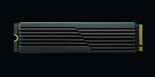 Illustration of an M.2 2280 NVMe solid state drive fitted with a finned heatsink, viewed from above